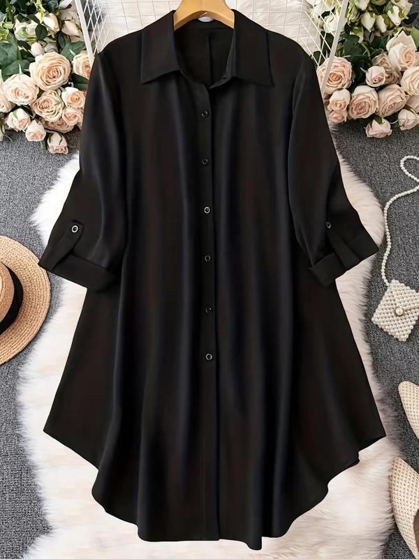  Minimalist Solid Long Sleeve Button Front Fitted Shirt, Longsleeves Blouses, Womenswear Blouse, Lady Casual Comfort Collared Button Up Top for Spring & Fall, Plus Size Clothing, Women's Clothes for Daily Wear, Fall Outfits, Fallfreshness