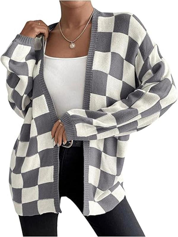  Plaid Print Drop Shoulder Cardigan, Casual Long Sleeve Open Front Knitwear for Fall & Winter, Women's Clothing for Daily Wear