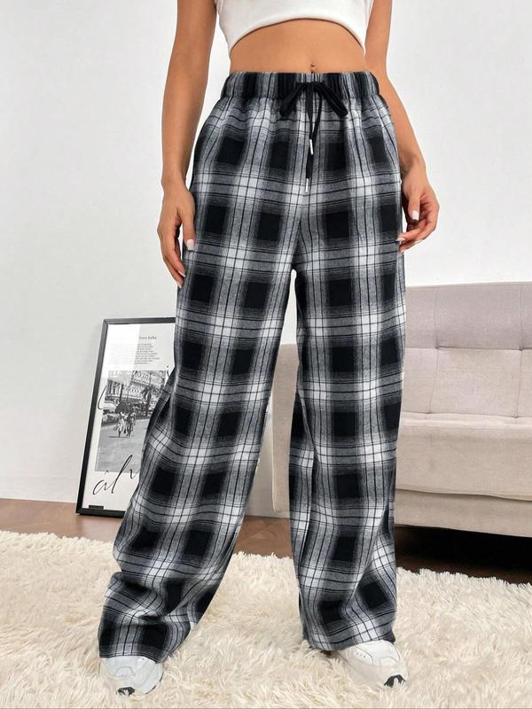 Women's Plaid Print Drawstring Waist Wide Leg Pants, Casual Comfy Elastic Waist Trousers for Daily Wear, Ladies Bottoms for All Seasons