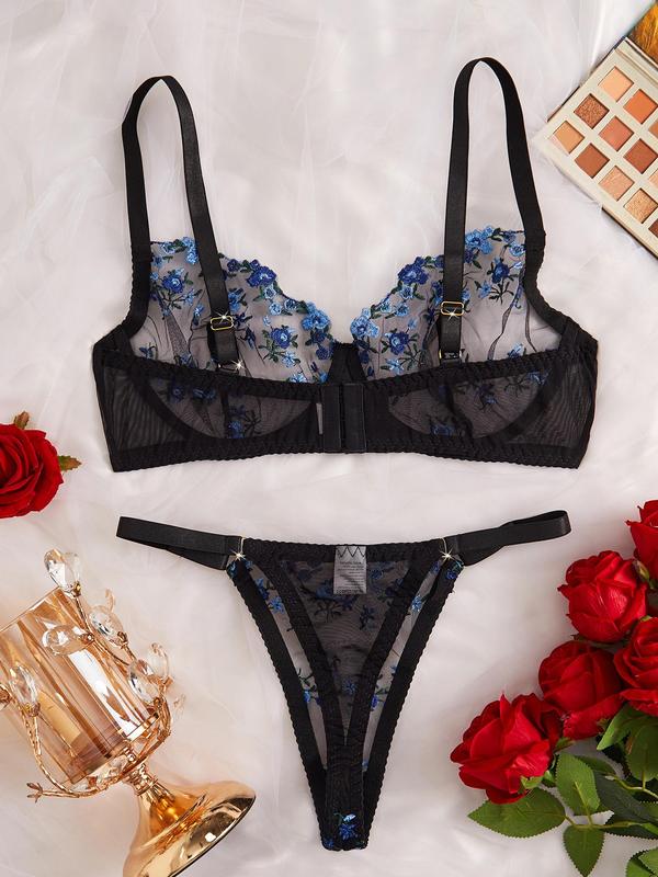  Ditsy Floral Embroidery Sheer Lingerie Two-Piece Set, Adjustable Strap Push Up Bra & Thong Set, Women's Lingerie Set for All Seasons