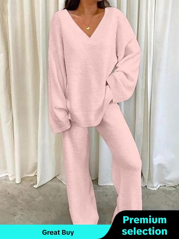 Women's Solid Color Drop Shoulder V Neck Sleep Top & Pants Plush Pyjama Two-Piece Set, Fluffy Pajamas, Casual Comfy Long Sleeve Top & Trousers PJ Set, Women's Sleepwear for Fall & Winter, Stockholm Wear Style Women in Sweden, Boston Clogs Outfits