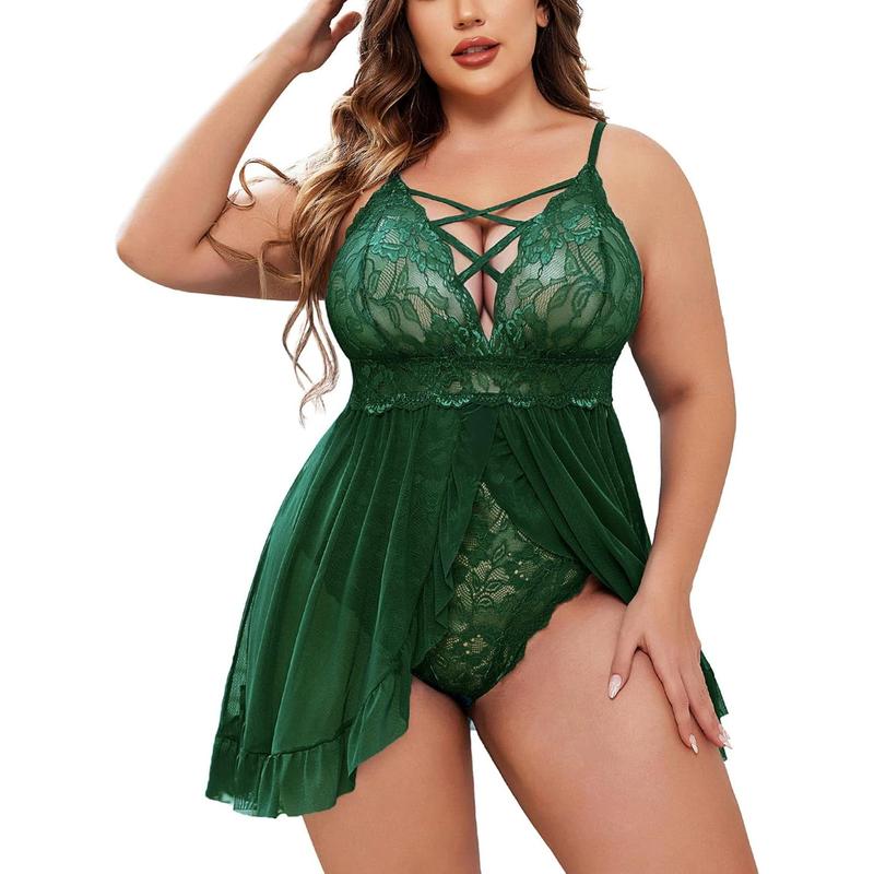 Plus size lingerie for women sexy crotch babydoll lace chemise curvy strappy ruffle L ~ 4XL