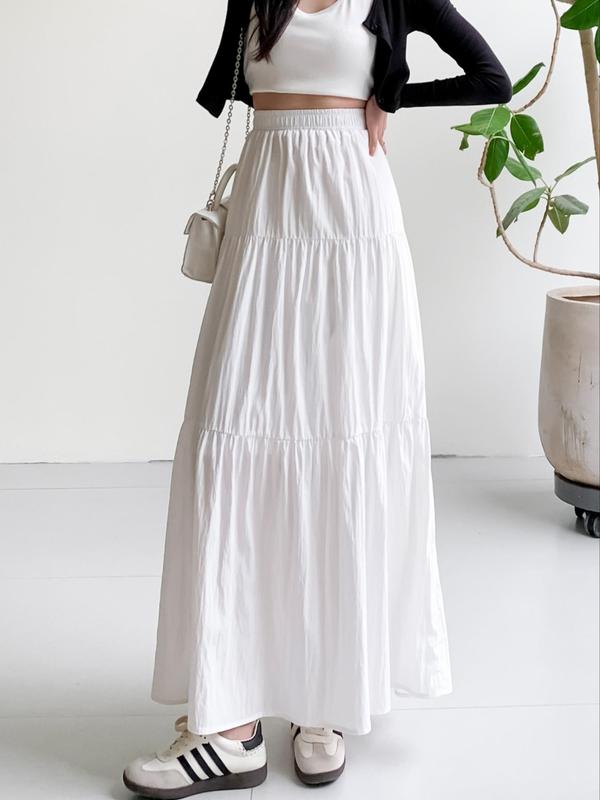 Women's Solid Ruffle Hem High Waist Skirt, Casual Elastic Waist A Line Long Skirt, Ladies Bottoms for All Seasons