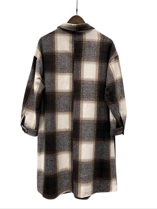 Plaid Print Button Front Drop Shoulder Midi Coat, Casual Pocket Three Quarter Length Sleeve Collared Outerwear for Fall & Winter, Women's Clothes for Daily Wear