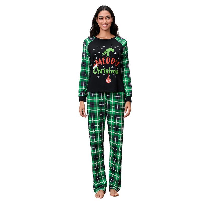 Christmas Pajamas for Family Long Sleeve Snowflake Cartoon Print Tops + Trousers Set Holiday Sleepwear Clothing Womenswear