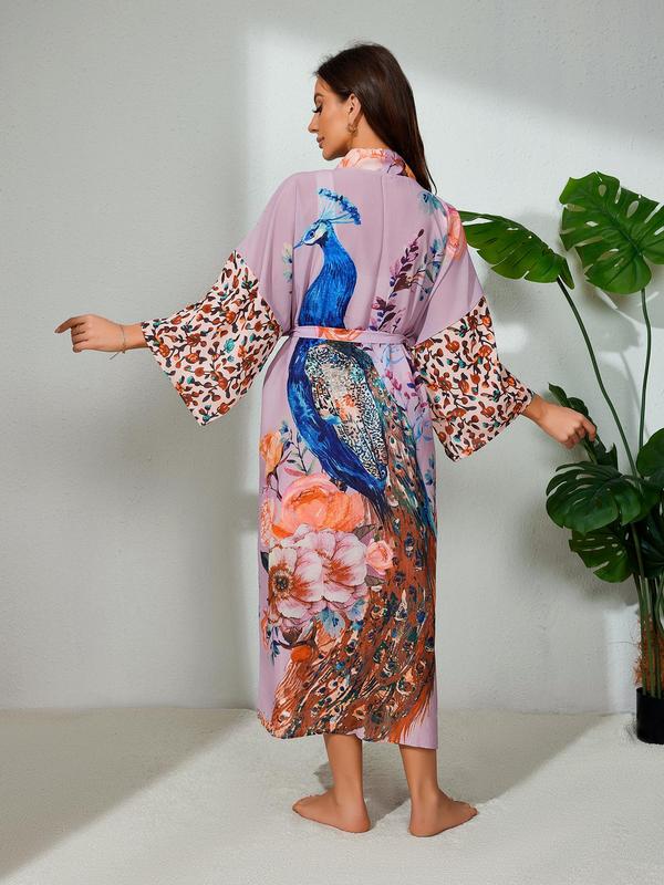  Peacock & Floral Print Belted Wrap Kimono Cardigan, Casual Three Quarter Length Sleeve Split Hem Kimono Cardigan, Women's Summer Swimwear for Beach Holiday Vacation