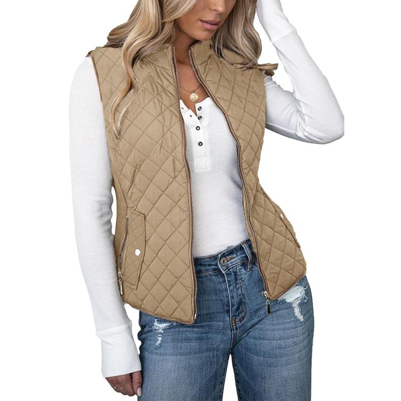 Goranbon Women's Vest Padded Stand Collar Lightweight Outerwear Casual Zip Pocket Quilted Vest Coat for Women