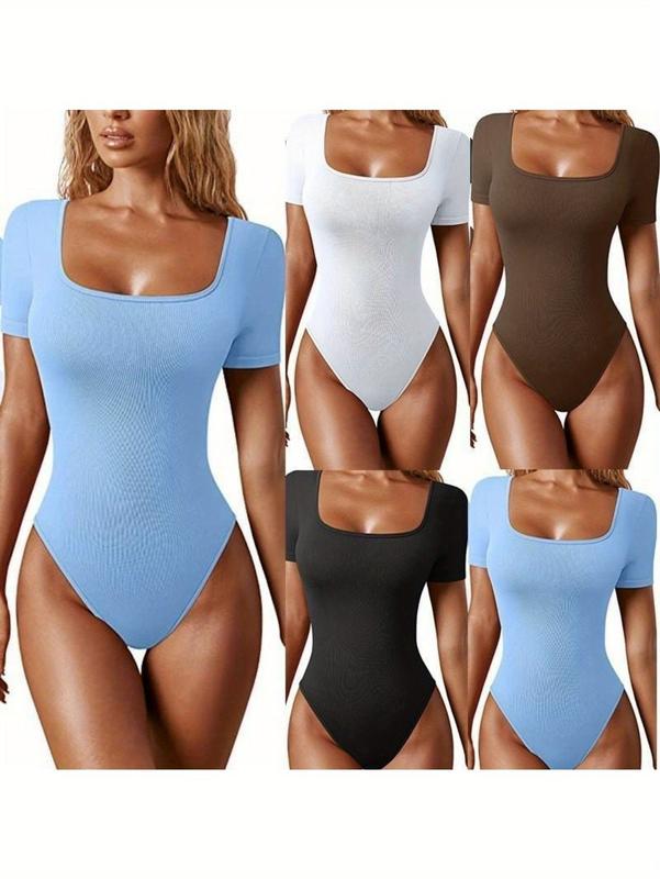 Women's Bodysuits Sexy Ribbed Square Neck Short Sleeve Bodysuits