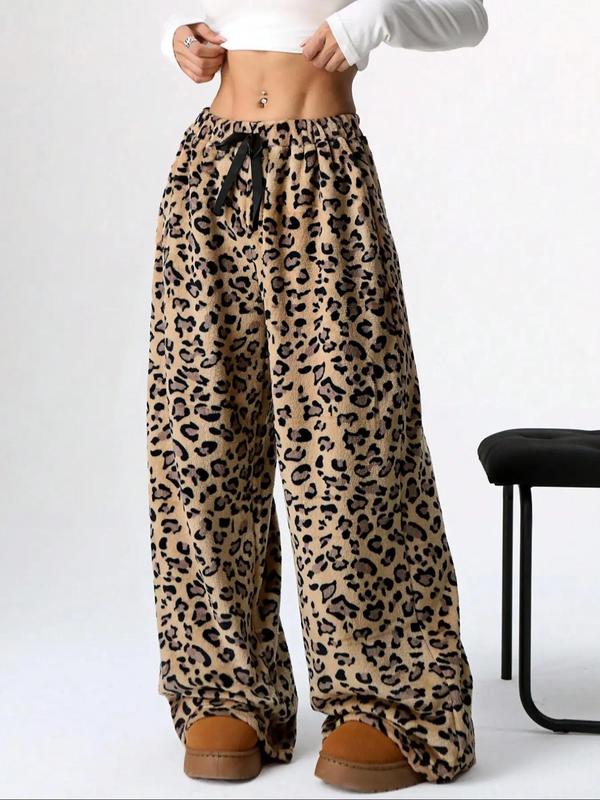 Women's Leopard Print Drawstring Waist Wide Leg Pants, Casual Comfy Straight Leg Fuzzy Trousers for Daily Wear, Ladies Bottoms for Fall & Winter