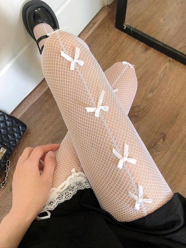 Women's Bow Front Mesh Tights, 1 Pair High Stretch Hollow Out Tights For Lady Daily Wear Night Club Party, Basic Comfort Womenswear, Cute Minimalist Women's Tights For All Seasons, Underwear