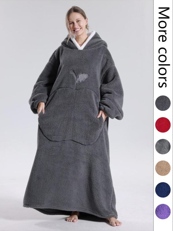 Women's Solid Pocket Hooded Flannel Lounge Robe, Casual Drop Shoulder Longsleeves Robe, Oversized Blanket Hoodie Loungewear, Giant Wearable Blanket, Sherpa Fleece Wearable Blanket with Big Pocket, Women's Sleepwear for Fall & Winter, Fluffy Pajamas