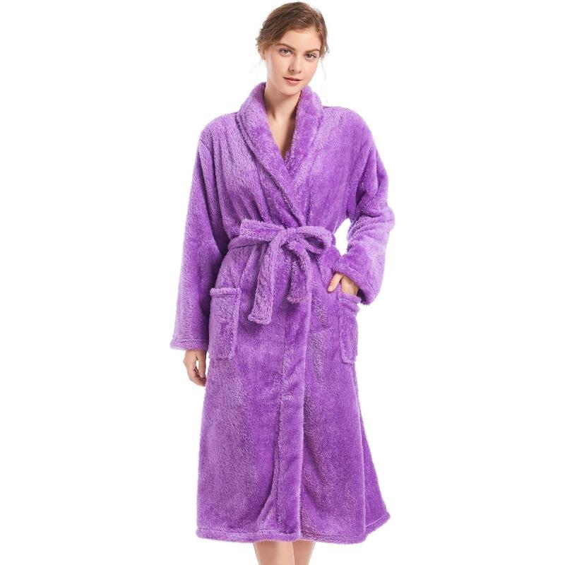 Womens Plush Fleece Robe, Cozy Warm Bathrobe Fuzzy Female Spa Robe With Pockets Womenswear Gowns Loungewear Nightwear