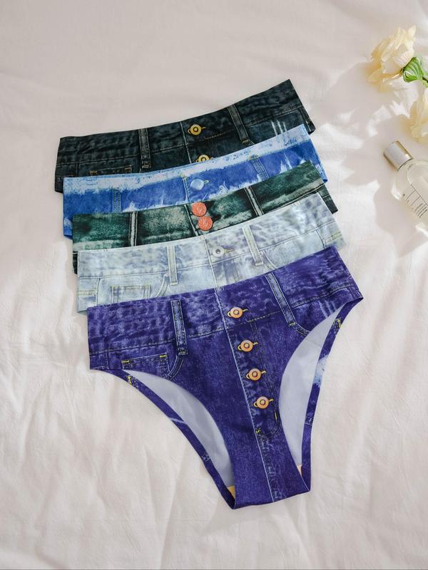 Women's 5pcs Denim-effect Print Knicker, Casual Breathable All Over Print Panty for Daily Wear, Comfy Women Underwear for All Seasons