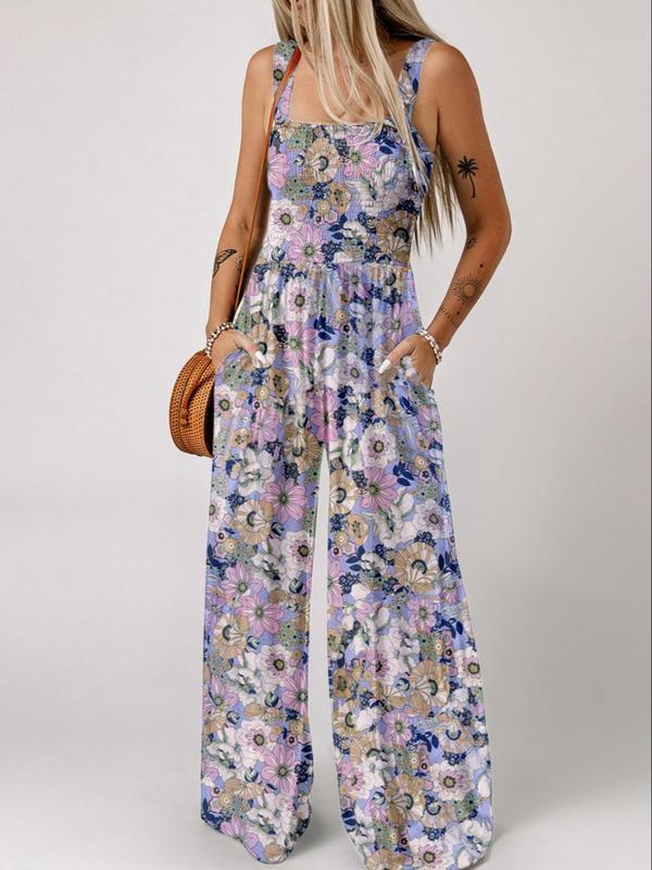 Women's Ditsy Floral Print Ruched Shirred Pocket Wide Leg Vintage Cami Jumpsuit, Back To School Summer Clothes, Bohemian Comfort Square Neck Jumpsuit for Daily Wear, Summer Outfits 2024, Strappy Womenswear, Ladies Fitted Clothes for Summer