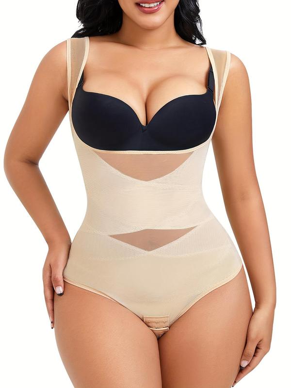 Womenswear Contrast Mesh Comfort Thong Design Shapewear Bodysuit, High Stretch U Neck Tummy Control Shapewear Clothing, Ladies Body Shapewear for Daily Wear