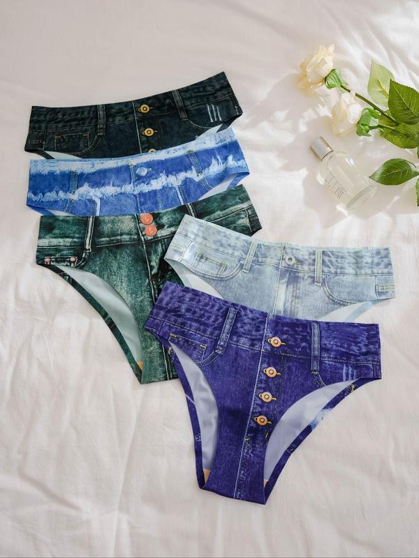 Women's 5pcs Denim-effect Print Knicker, Casual Breathable All Over Print Panty for Daily Wear, Comfy Women Underwear for All Seasons