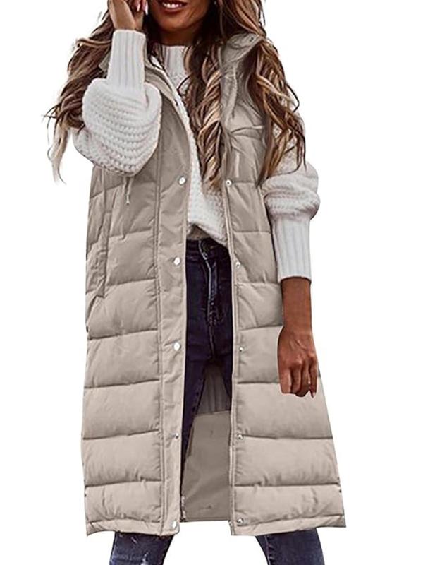 Women's Solid Button Front Drawstring Quilted Hooded Vest Coat, Casual Sleeveless Pocket Zipper Outerwear for Fall & Winter, Women's Clothing for Daily Wear