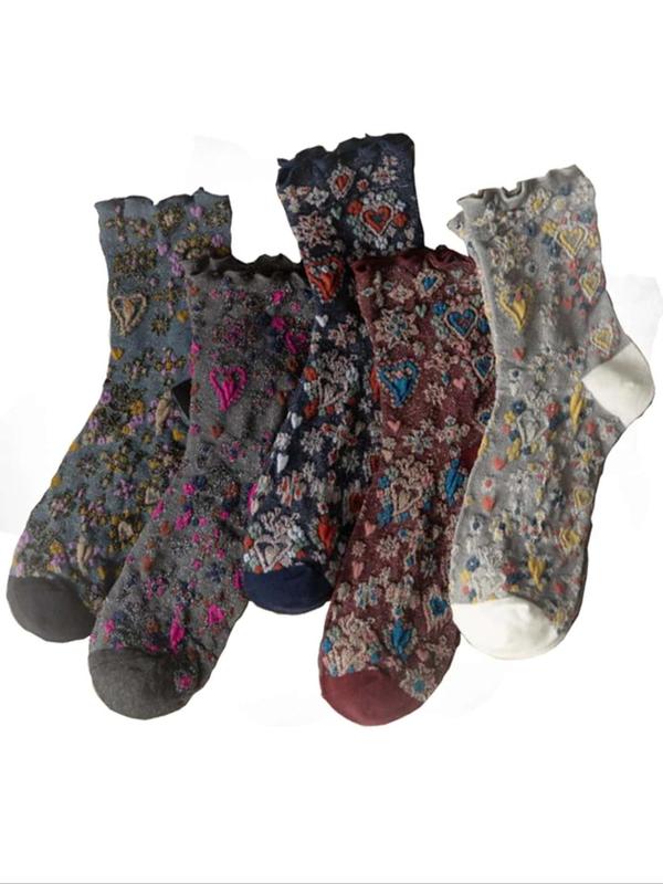 Women's 5 Pairs Vintage Floral Print Lettuce Trim Crew Socks, Retro Fashion Casual Comfy Mid-calf Socks for Daily Wear, Women Socks for Spring & Fall, Versatile Street Style Womenswear