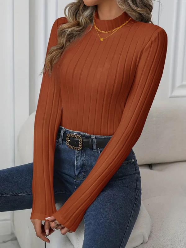 Women's Plain Mock Neck Ribbed Tee, Casual Slim-fitting Long Sleeve T-shirt for Fall & Winter, Women's Clothing for Daily Wear