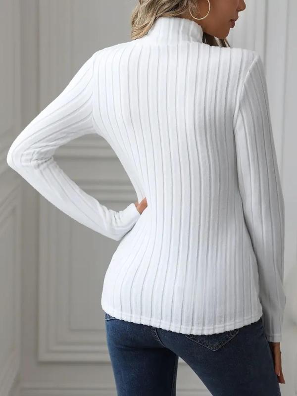 Women's Plain Mock Neck Ribbed Tee, Casual Slim-fitting Long Sleeve T-shirt for Fall & Winter, Women's Clothing for Daily Wear