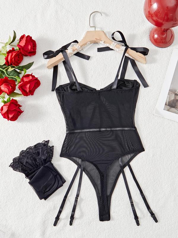 Women's Sheer Sexy Lingerie Three-Piece Set, Chic Tie Shoulder Cami Bodysuit & Contrast Lace Stockings Set, Women's Sexy Lingerie & Underwear for All Seasons