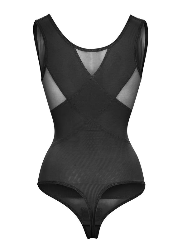 Womenswear Contrast Mesh Comfort Thong Design Shapewear Bodysuit, High Stretch U Neck Tummy Control Shapewear Clothing, Ladies Body Shapewear for Daily Wear