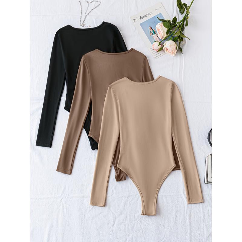 2024 Fashion wear Solid Crew Neck Bodysuit 3-Pack, Casual Long Sleeve Bodysuit, Women's Crochet Tops Crewneck