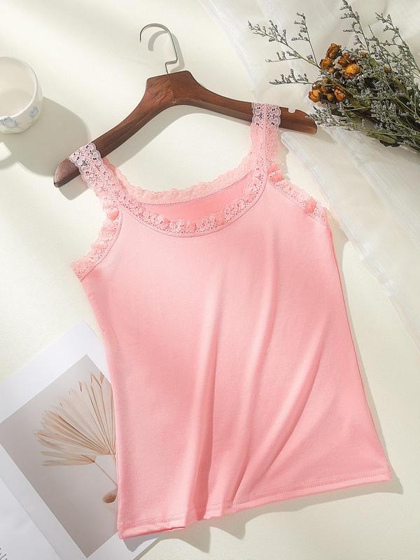 Women's Plain Lace Trim Sleep Cami Top, Casual Soft Comfortable Spaghetti Strap Nightgown for Daily Home Wear, Ladies Sleepwear for All Seasons