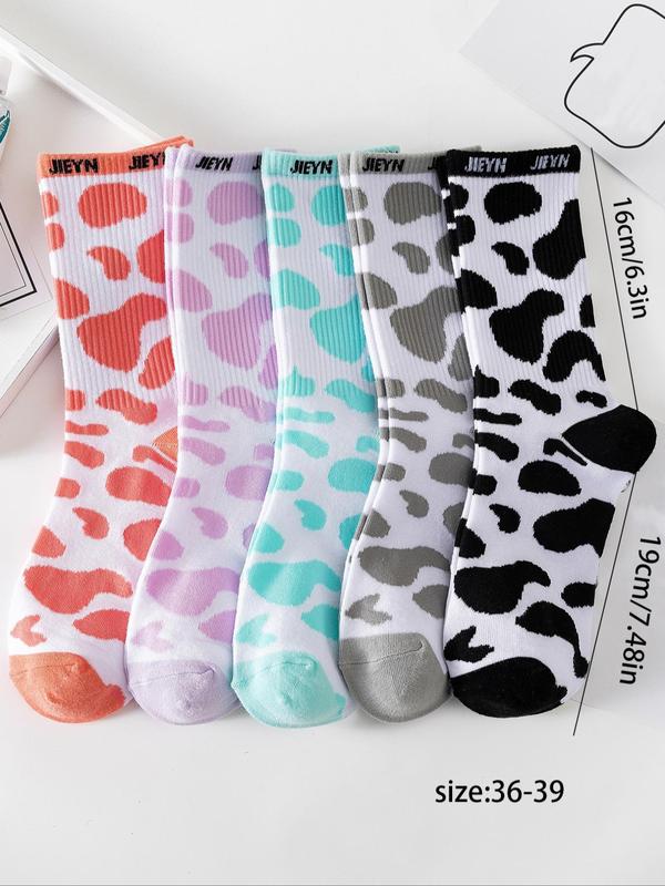 Women's Cow & Letter Print Crew Socks, Casual Moisture Wicking Socks, Soft Comfy Breathable Socks for All Seasons Daily Wear, Comfort Womenswear