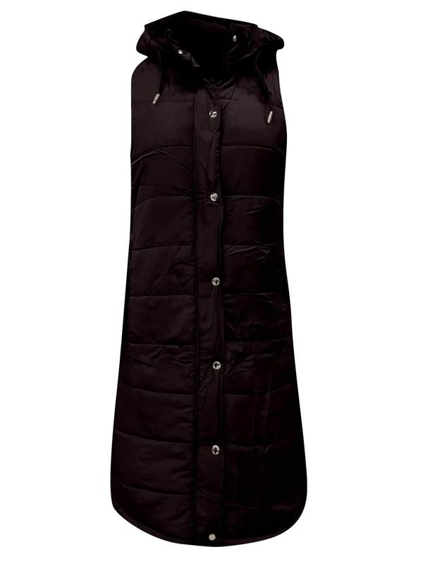 Women's Solid Button Front Drawstring Quilted Hooded Vest Coat, Casual Sleeveless Pocket Zipper Outerwear for Fall & Winter, Women's Clothing for Daily Wear