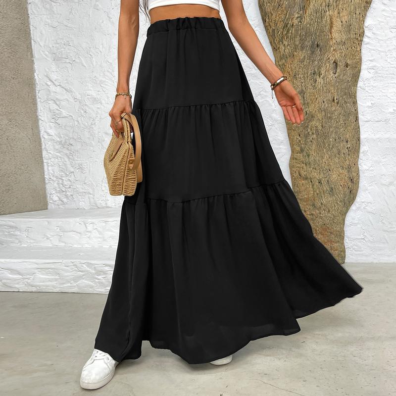 DUNEA Women's Solid High Waist Pleated Skirt, Elegant Black Tiered Maxi Skirt, Ankle Length Shirred Waist, Spring & Fall Skirt, Ladies Bottoms for Daily Wear, Versatile and Chic ,Lady Comfort, Basic Casual Minimalist, Flowy Black Tier Skirt