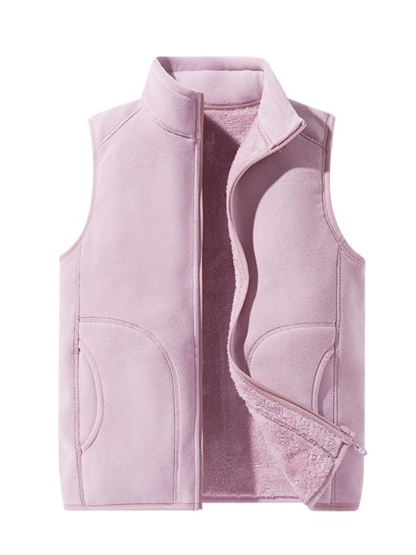 Women's Solid Color Zip Up Vest Jacket, Casual Pocket Stand Collar Sleeveless Outerwear for Fall & Winter, Ladies Sportswear for Outdoor Activities