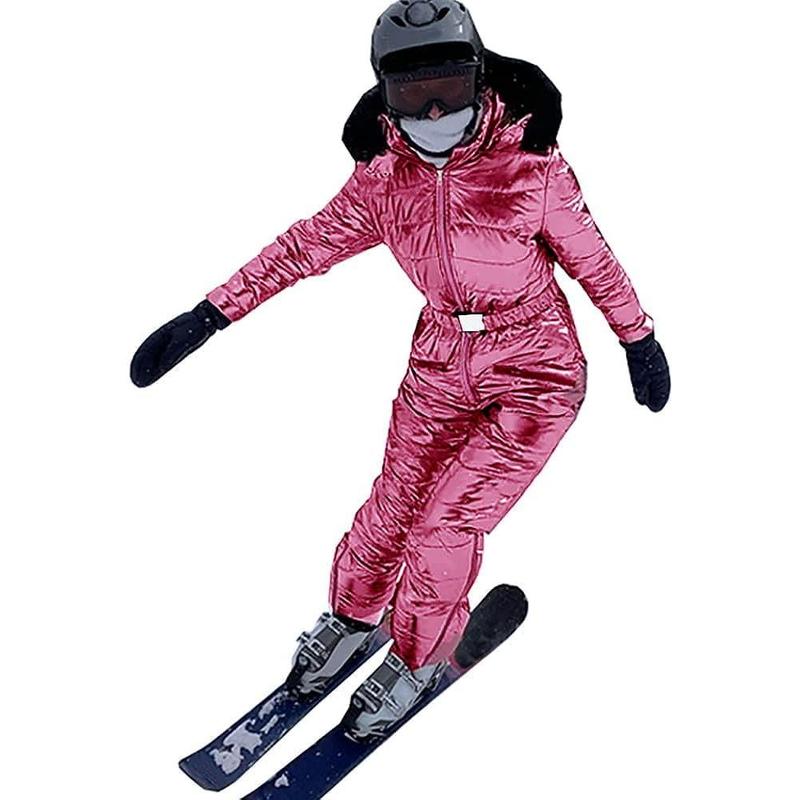 Fisoew Women Winter One Piece Ski Suit Fur Collar coat Ski Jumpsuit Snowsuit