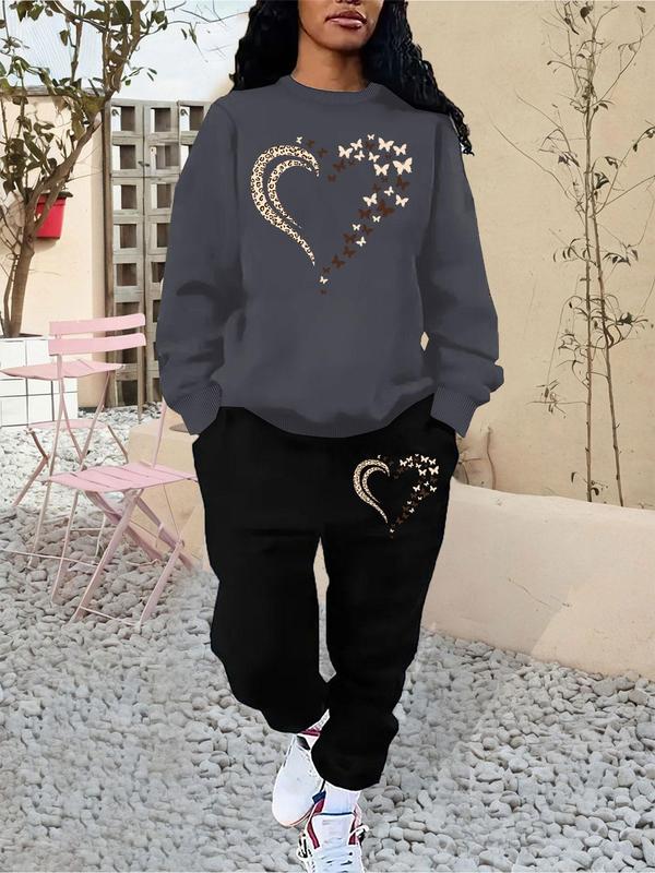 Women's Butterfly Heart Print Sweatshirt & Pocket Sweatpants Set, Casual Round Neck Long Sleeve Pullover & Jogger Pants, Women's Fall & Winter Outfits