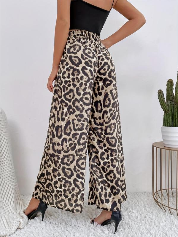 Women's Leopard Print Elastic Waist Wide Leg Pants, Casual High Waist Trousers, Ladies Bottoms for Daily Wear