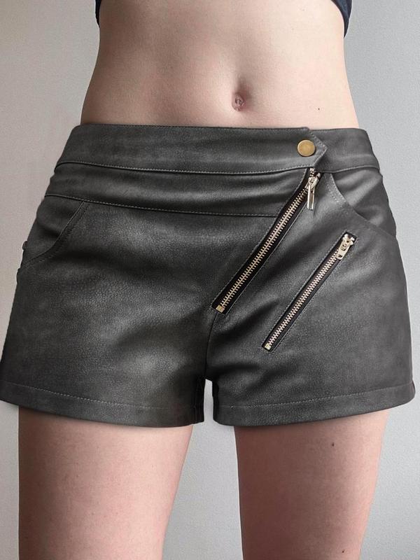 Women's Solid Color Button Fly Pocket PU Shorts, Fashion Casual Zipper Shorts for Daily Outdoor Wear, Ladies Bottoms for Summer