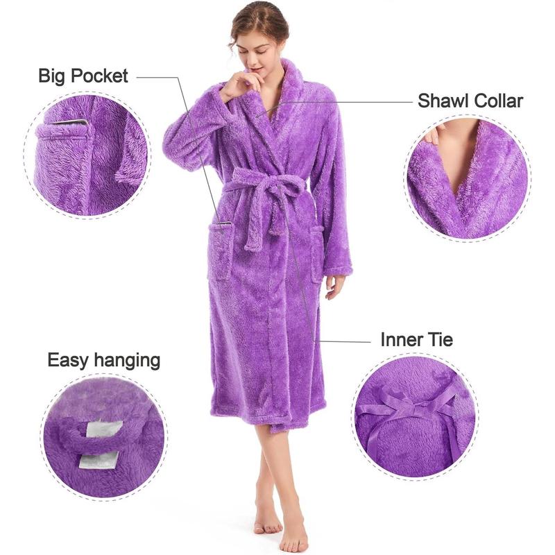 Womens Plush Fleece Robe, Cozy Warm Bathrobe Fuzzy Female Spa Robe With Pockets Womenswear Gowns Loungewear Nightwear