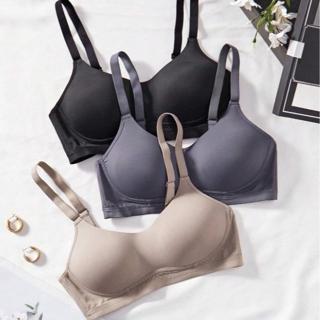 3PCS Lady's Comfortable Casual Wireless Soft Cup Solid Underwear Bra, Lingerie