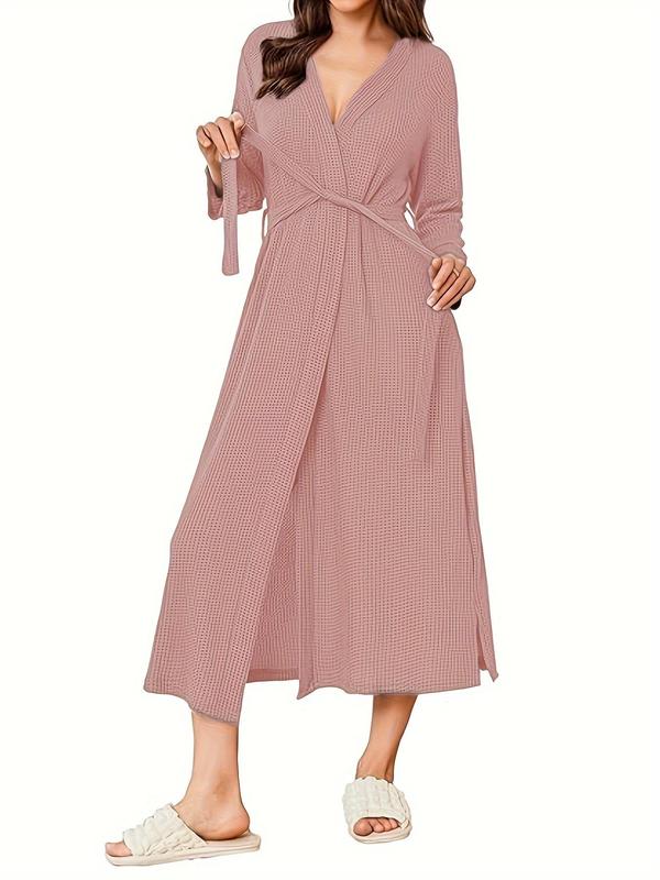 Women's Textured Waffle Knit Belted Split Hem Lounge Robe, Casual Long Sleeve Lounge Robe, Ladies Loungewear for Spring & Fall