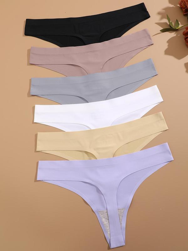 Women's Solid Color Seamless Drop Waist Thongs, Korean Wear, 6pcs Casual Comfy Breathable Panty, Ladies Underwear for All Seasons, Korean Streetwear