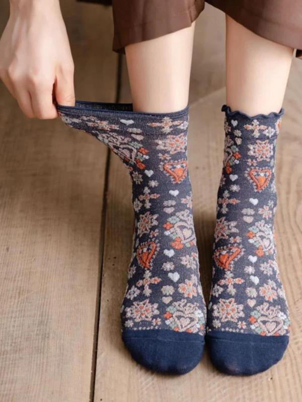 Women's 5 Pairs Vintage Floral Print Lettuce Trim Crew Socks, Retro Fashion Casual Comfy Mid-calf Socks for Daily Wear, Women Socks for Spring & Fall, Versatile Street Style Womenswear