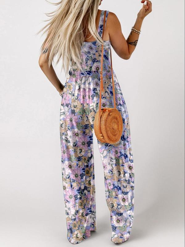 Women's Ditsy Floral Print Ruched Shirred Pocket Wide Leg Vintage Cami Jumpsuit, Back To School Summer Clothes, Bohemian Comfort Square Neck Jumpsuit for Daily Wear, Summer Outfits 2024, Strappy Womenswear, Ladies Fitted Clothes for Summer