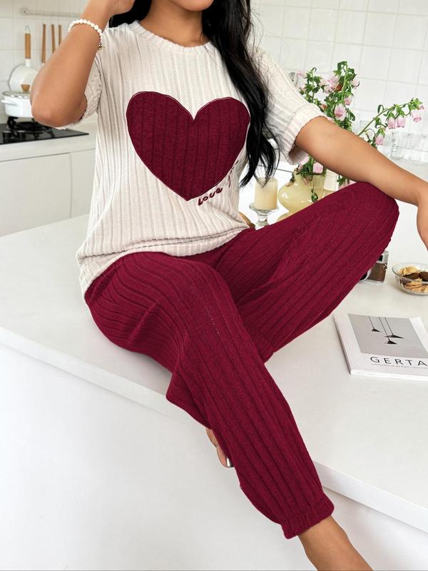 Women's Ribbed Pajama Set, Casual Heart Patchwork Embroidery Sleep Top & Plain Elastic Waist Pj Pants, Loungewear Summer Clothes Women, Lady Shortsleeve Homewear, Lounge Set, Comfort Sleepwear Set for Womenswear