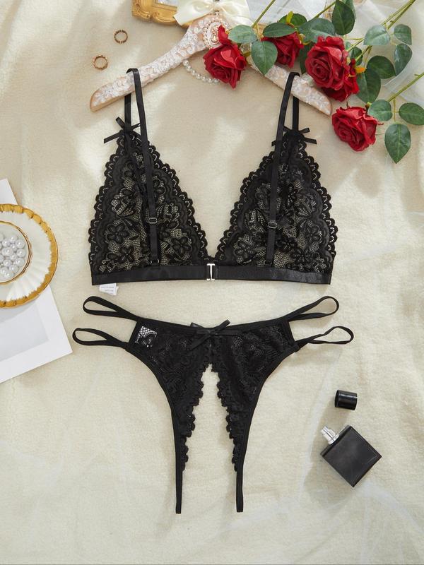 Plus Size 2pcs Sexy Floral Lace Bra & Bow Decor Thong Set, Adjustable Strap Backless Triangle Lingerie Top & Panty Set, Women's Sexy Lingerie Set for All Seasons