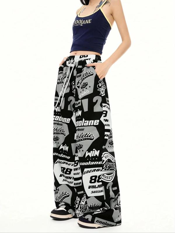 Women's All Over Print Drawstring Waist Wide Leg Sweatpants, Casual Pocket Trousers for Daily Wear, Ladies Bottoms for All Seasons