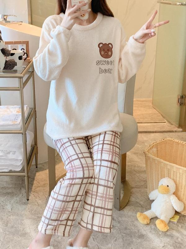 Two-Piece Set Women's Flannel Loungewear Set, Cute Cartoon Bear Embroideried Top & Plaid Print Pants, Kawaii Pyjama Set for Women