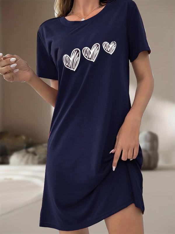 Plus Size Heart Print Round Neck Nightdress, Casual Soft Comfortable Short Sleeve Nightgown for Women, Women's Sleepwear for All Seasons