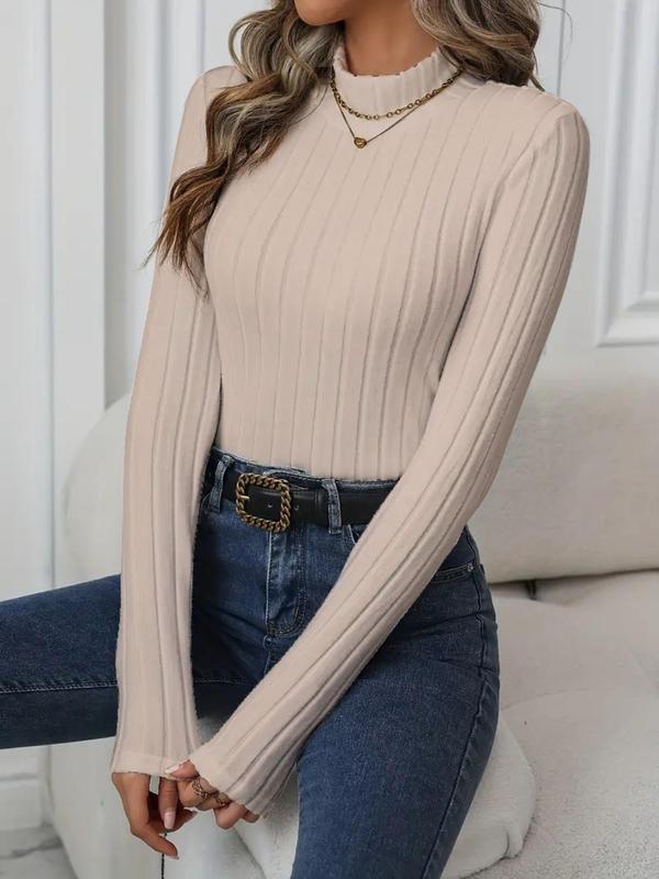 Women's Plain Mock Neck Ribbed Tee, Casual Slim-fitting Long Sleeve T-shirt for Fall & Winter, Women's Clothing for Daily Wear