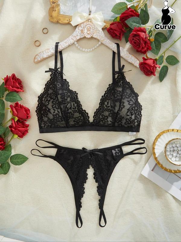 Plus Size 2pcs Sexy Floral Lace Bra & Bow Decor Thong Set, Adjustable Strap Backless Triangle Lingerie Top & Panty Set, Women's Sexy Lingerie Set for All Seasons