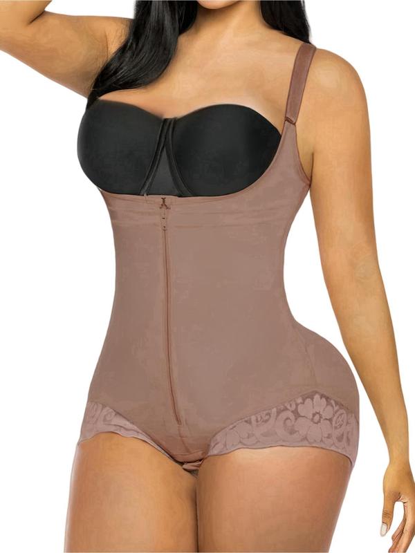 Women's Solid Color  Floral Lace Zipper Open Bust Shapewear Bodysuit, Tummy Control Butt Lifting Hook & Eye Closure Crotch Shaper, Women's Shapewear for Daily Wear